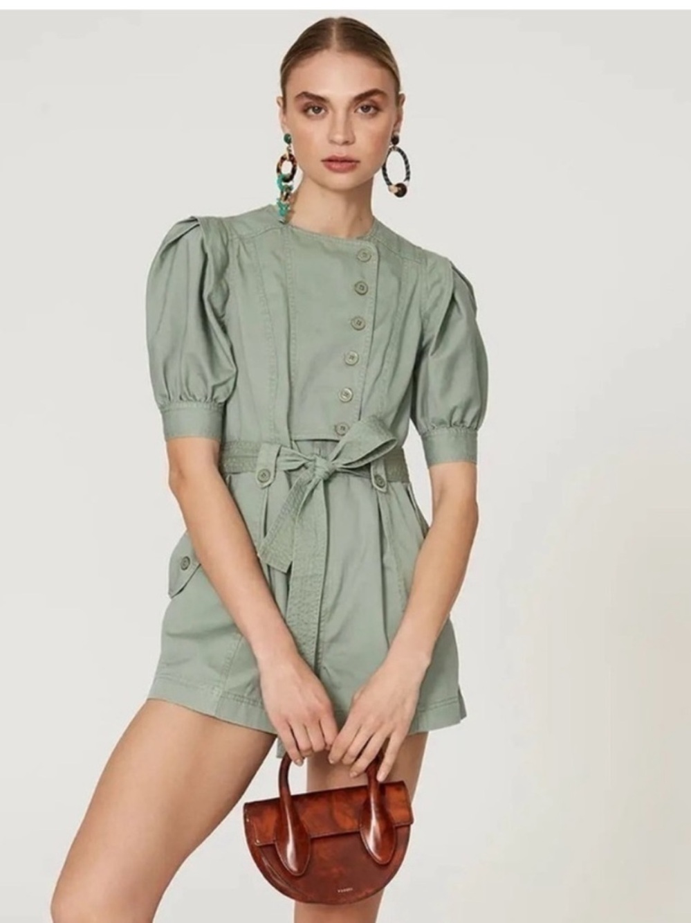 Ulla Johnson Sage Green Puff-Sleeve Utility Romper